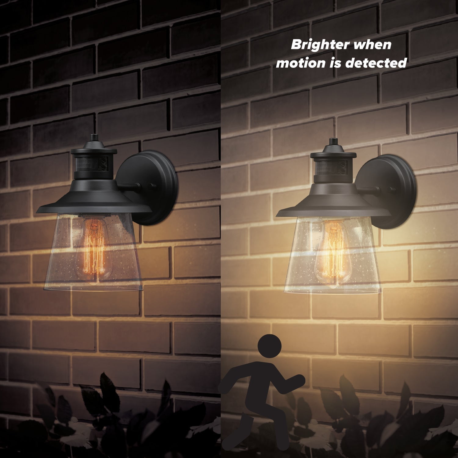Globe Electric Juno 1-Light Matte Black Motion Sensor Outdoor Wall Sconce with Clear Seeded Glass Shade
