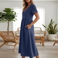 thumbnail image 5 of Kvture Women's Linen Midi Dress V Neck Button Front Short Sleeve Dress Loose Fit Casual Summer Dresses with Pockets Navy, 5 of 9