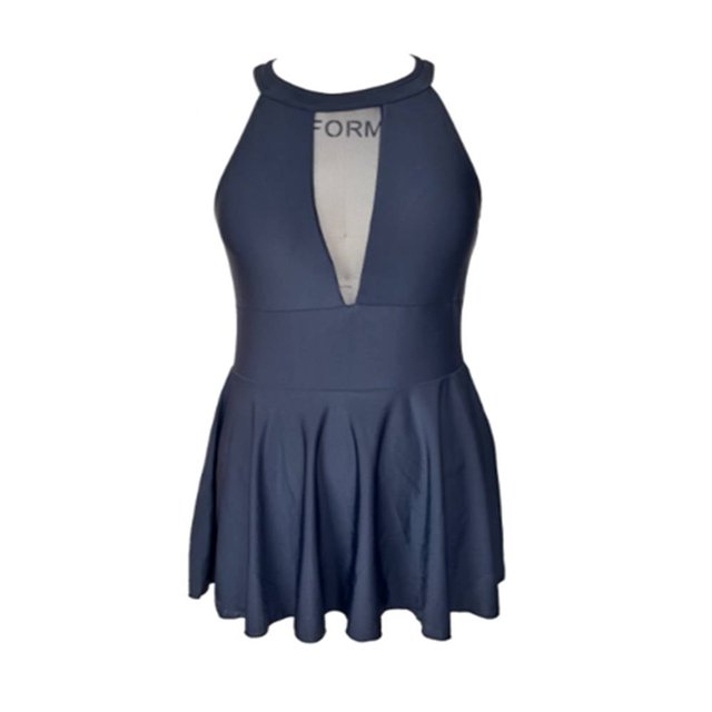 traje de baño ocean pacific talla g cuello halter y falda negro vista frontal con escote en V y panel translúcido en el busto, corte entallado en la cintura y falda skater corta en negro; ideal para vacacionar y a menudo usado como vestido de playa casual.