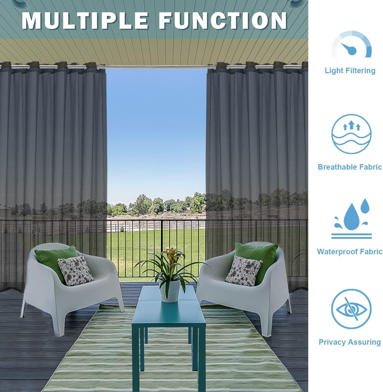 GoXteam Black Outdoor Sheer Curtains for Patio Waterproof, 2 Panels Grommet Indoor Voile Sheer Curtain for Living Room, Bedroom, Porch, Pergola, Cabana, 52 x 84 inch