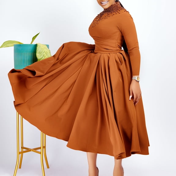AURA Plus Size High Neck Beaded Swing Midi Dress Elegant Long Sleeve High Waist African Style