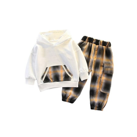 

Calsunbaby 2Pcs Unisex Kids Tracksuit Set Plaid Hooded Long Sleeve Sweatshirt Tops Casual Long Pants with Pocket