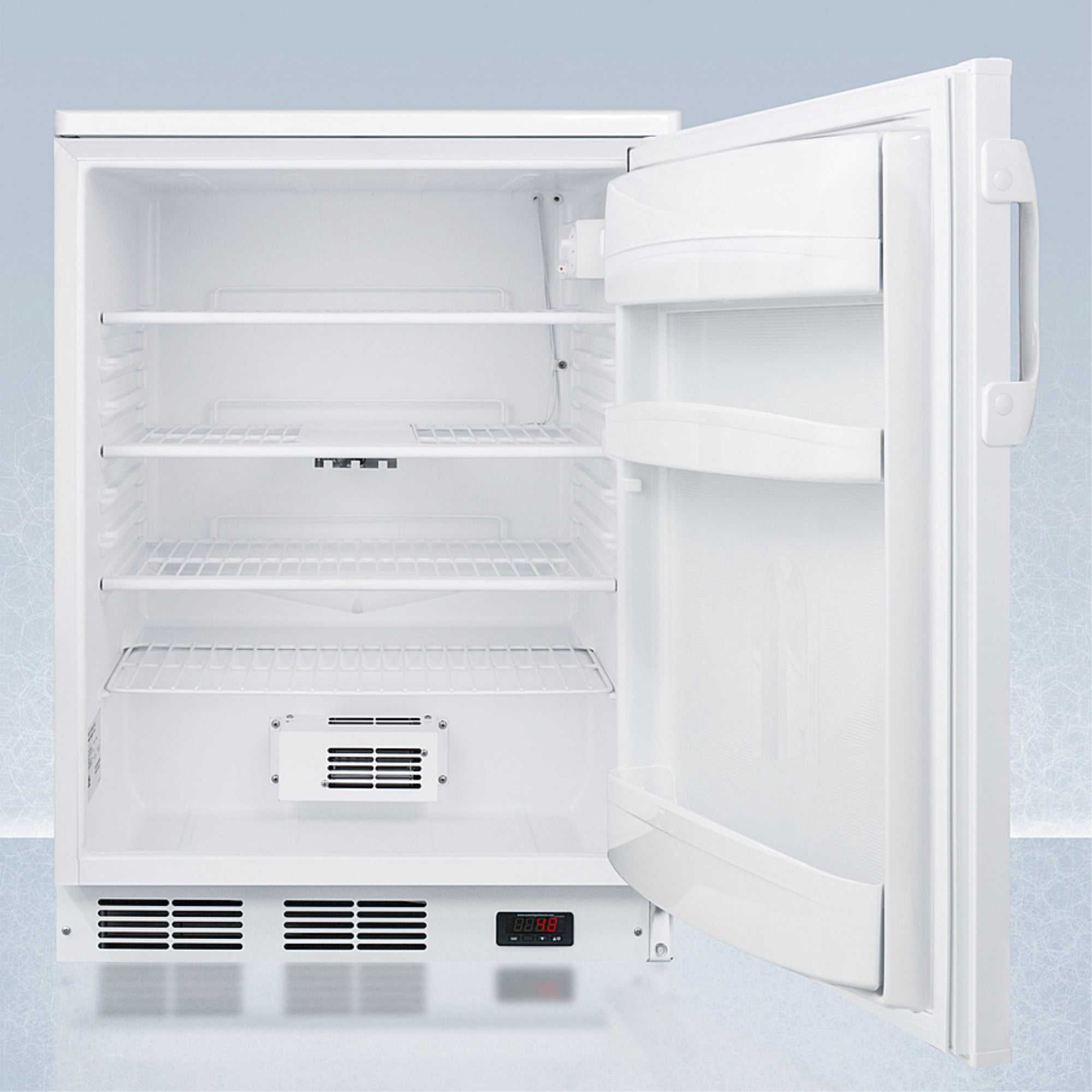 24" wide auto defrost all-refrigerator with lock, digital thermostat, internal fan, door storage, and access port for user-provided monitoring equipment