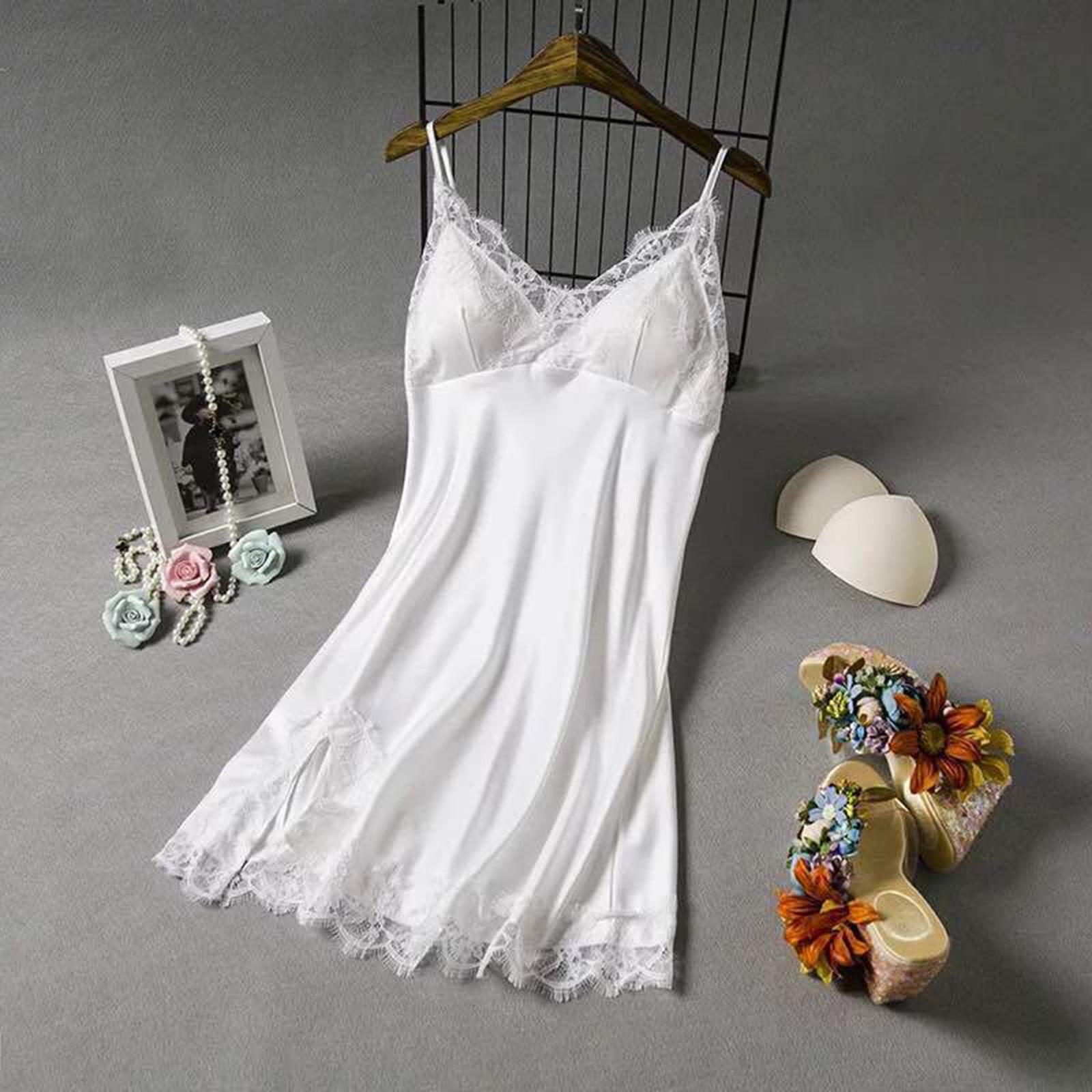 B91xZ Women Lingerie Satin Lace Chemise Nightgown Fashion Lingerie Nightgown Lace Chemise Satin Slip Silk Nightie Babydoll for Women M White Walmart