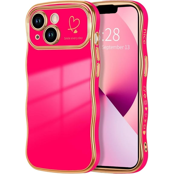 for iPhone 13 Case for Women Girls, Cute Curly Wave Frame Shape Love Heart Design, Luxury Plating Wavy Edge Full Camera Protection Soft TPU Shockproof Phone Case Cover, Hot Pink