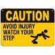 thumbnail image 1 of Precaución Evite lesiones Tenga cuidado con sus pasos Tenga cuidado con sus pasos Tamaño: 8 x 12 pulgadas Señal de advertencia de metal, 1 of 4