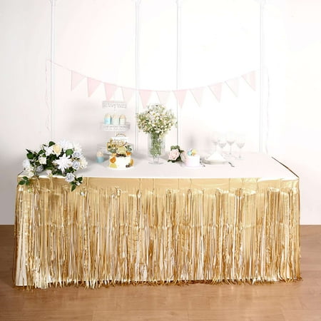

Efavormart 30 x9FT Metallic Foil Fringe Table Skirt Self Adhesive Party Table Skirt - Matte Gold