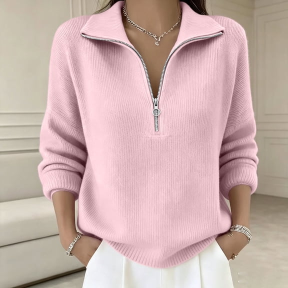 AVRNLIQ Womens Oversized Quarter Zip Ribbed Knit Pullover Sweater, Pink, Relaxed Fit Long Sleeve,Size M