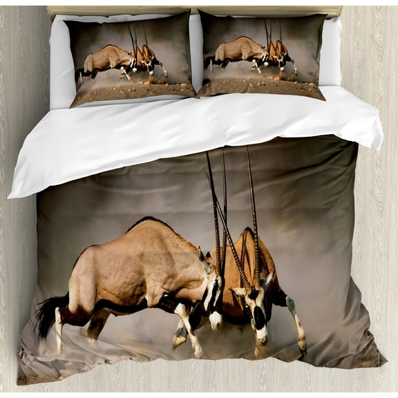 Africa Duvet Cover Set, Fight Between 2 Gemsbok on Plains of Etosha Namibia Savage Savannah Theme Design, Decorative 3 Piece Bedding Set with 2 Pillow Shams, Calking Size, Brown and Tan, by Ambesonne
