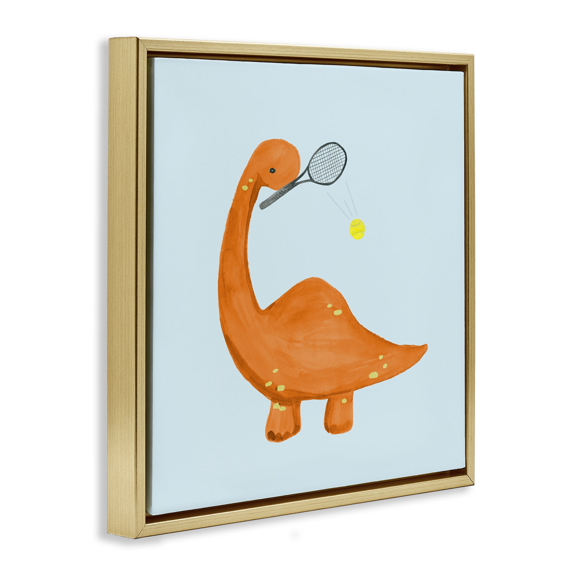 Stupell Industries Baby Dino Playing Tennis Gold Framed Floater Canvas Wall Art, design by Lucille Price