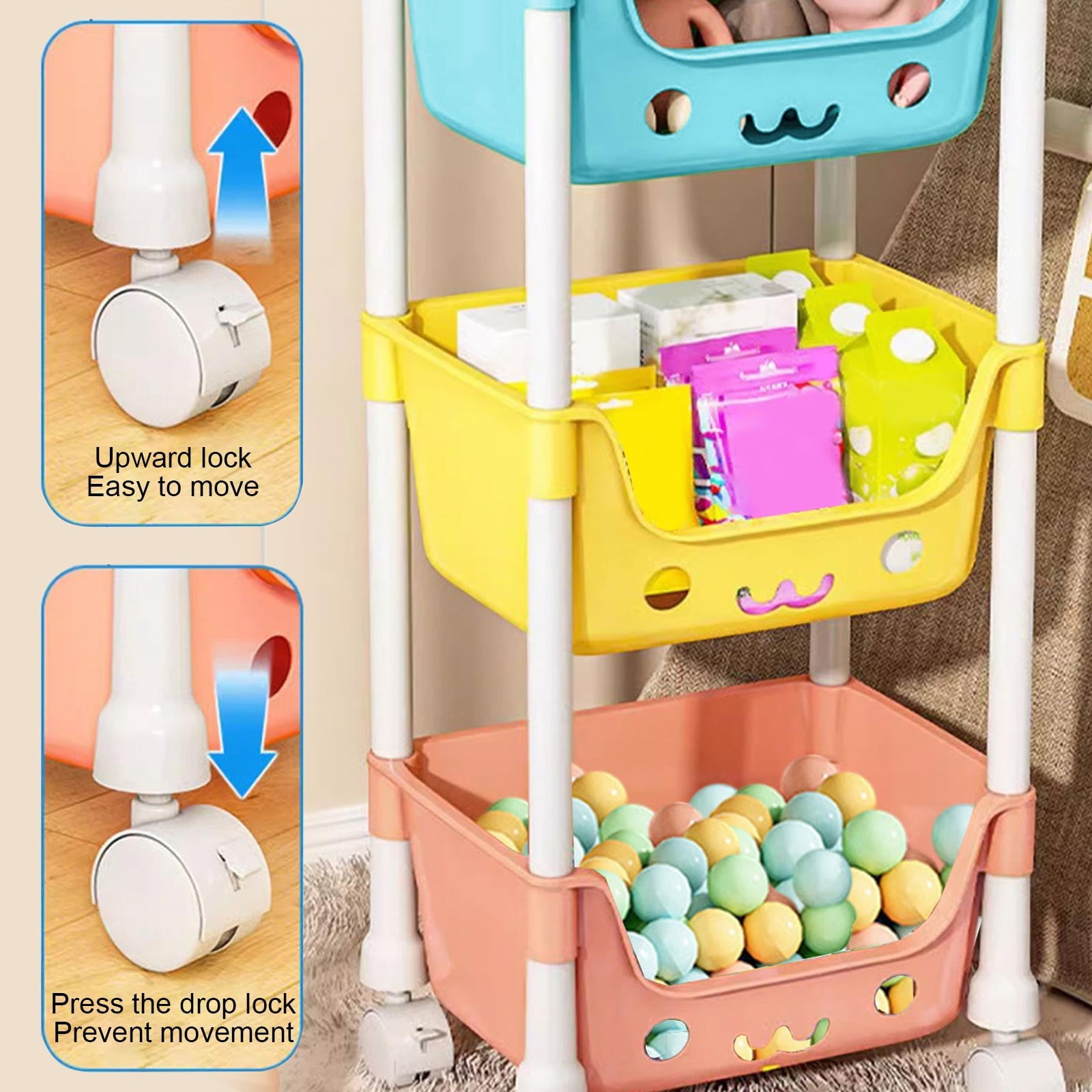 5-Tier Rolling Cart with Wheels, Kids Toy Storage Organizer with Lockable Wheels, Plastic Multicolor Snack Books Organizer Rack for Bedroom Playroom, 49.2"x13"x8.7"