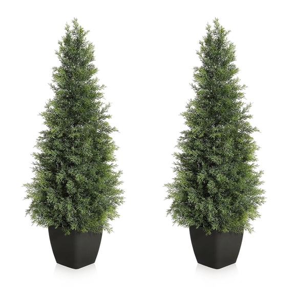 Accreate Set of 2 Artificial Cedar Topiary Trees, 3FT UV Resistant Outdoor, Realistic Faux Potted Plants Xmas Tree for Front Porch, Patio, Door Decor, Indoor Outdoor Decoration