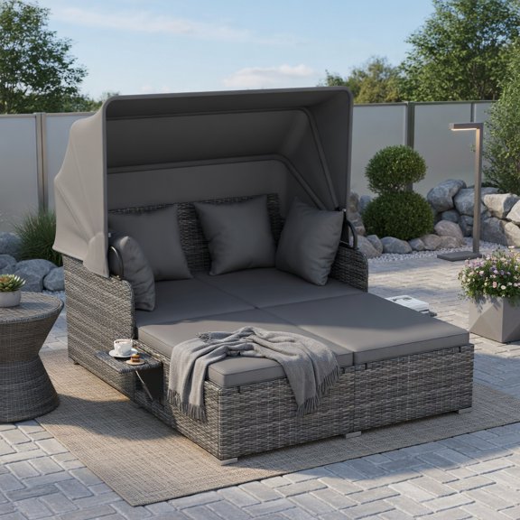 Resenkos Outdoor Rattan Patio Daybed with Retractable Canopy, Foldable Side Tables for Poolside and Backyard Lounging, Gray