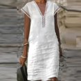 thumbnail image 5 of Lindbes 2024 Nouvelle Robe d'Été pour Femme en Coton et Lin Mode Unie Ajourée à Col en V Mini Robes Femme Décontractée à Manches Courtes Robes Vestido, 5 of 5