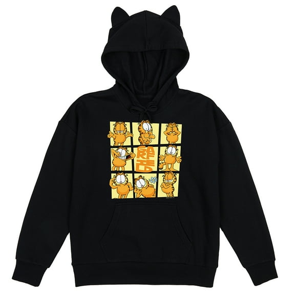 Garfield Character Grid Women's Black Long Sleeve Hooded Sweatshirt With 3D Ears-Medium