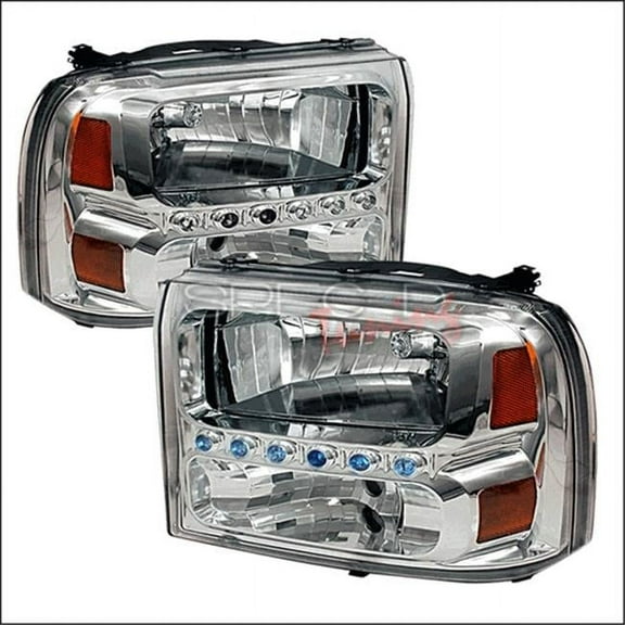 SMD DRL LED Light Strip Headlight Head Lamp OE Replacement 1 Piece Style in Chrome Housing Clear Lens Made For And Compatible With 1999 - 2004 Ford F250 F350 Superduty Excursion 99 00 01 02 03 04