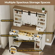 Farmhouse Makeup Vanity Desk with Lighted Hollywood Mirror and Storage for Bedroom,Large Vanity Desk with Charging Station, Dressing Table with Shelves & 3 Drawers & 2 Cabinets, Lights Adjustable