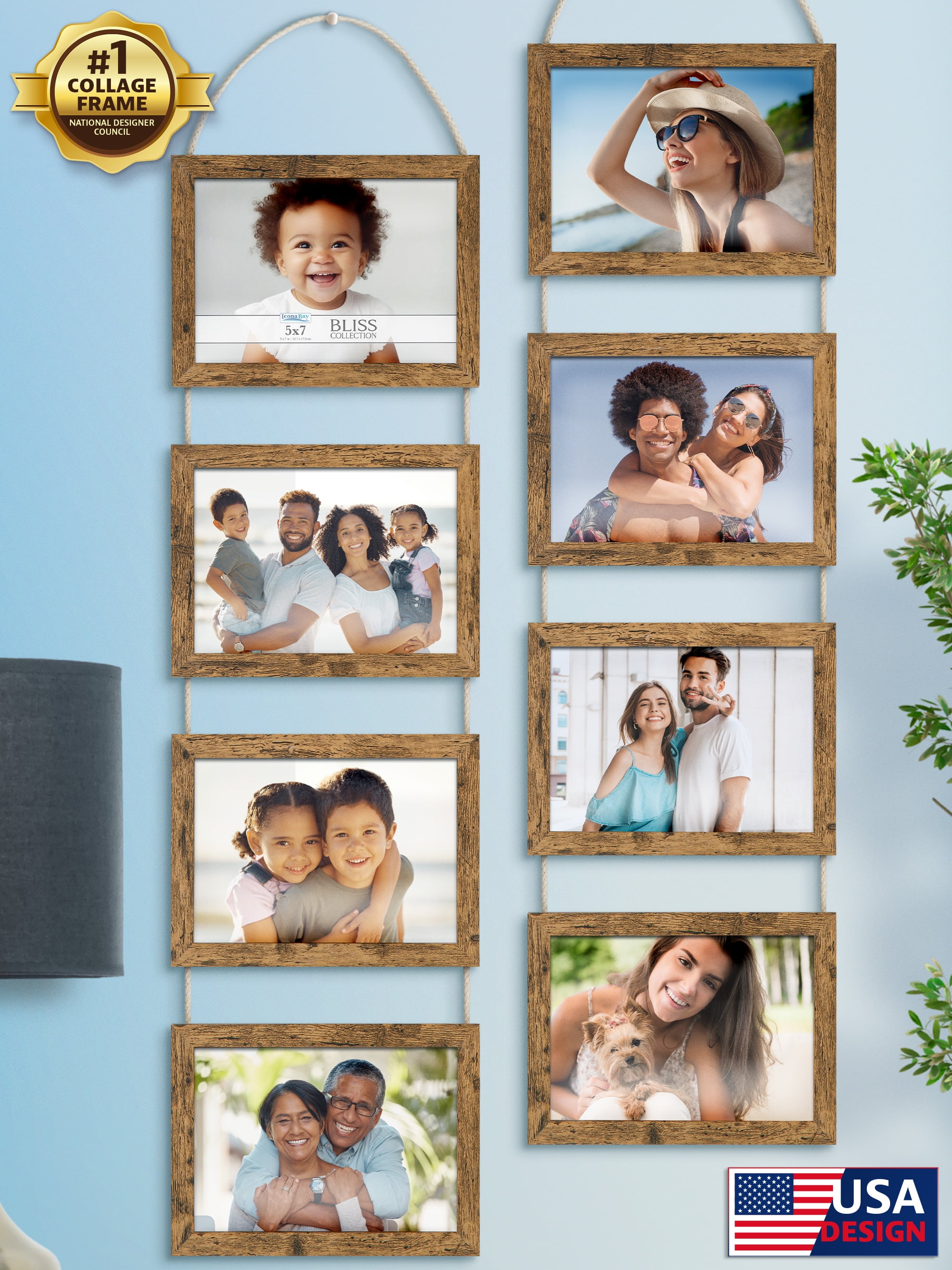 Qunclay 2-Set 5x7 Collage Picture Frames - Rustic Wood Hanging Frames With 8 Openings, Farmhouse Wall Decor For Multiple Photos