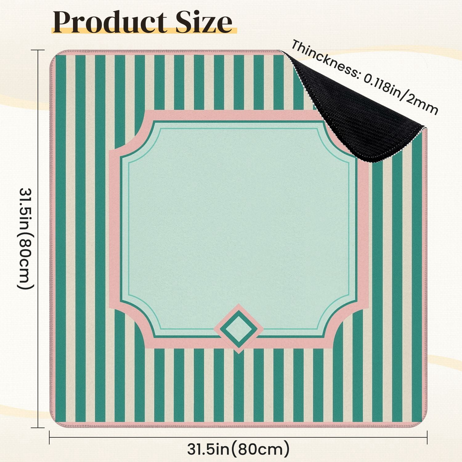Mahjong Mat 31.5" x 31.5" Soft Pink Green Stripes Geometric Border Anti-Slip and Noise Reduction Symmetry Design Mahjong Tiles Table Cover for Dominoes Poker Card Board and Tile Games