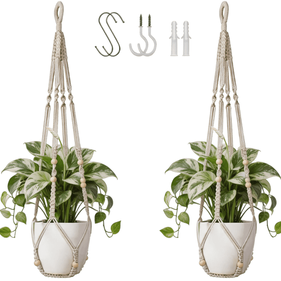 Macrame Plant Hanger Indoor Set of 2 with 4 Hooks, 89cm Hanging Planter Holder for Boho Home Decor, Ivory Cotton Rope (Pots Not Included)