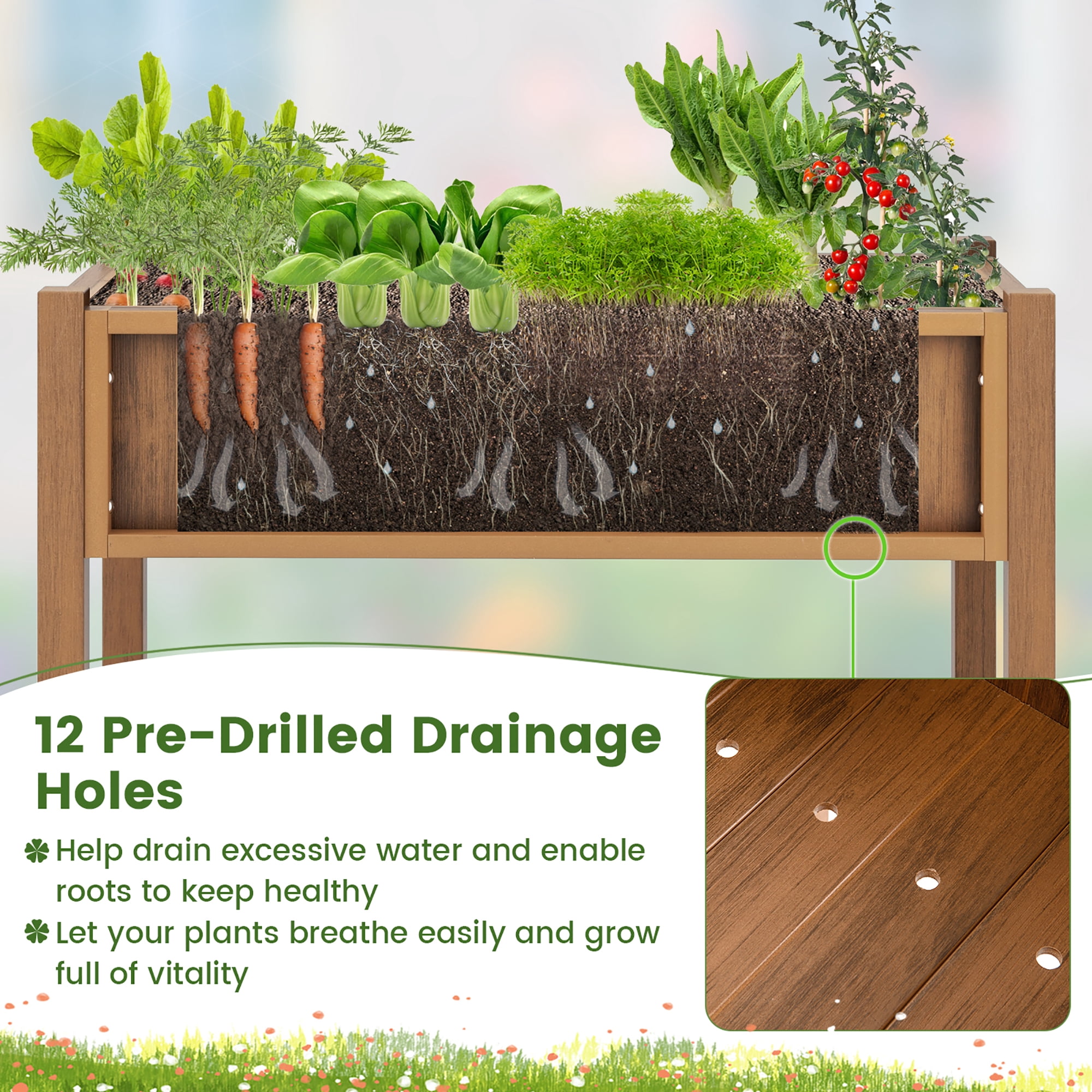 Gymax HIPS Raised Garden Bed Poly Wood Elevated Planter Box w/ Legs & Storage Shelf Coffee