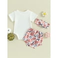 thumbnail image 4 of Cenuakty Baby Girls 3PCS Shorts Sets, White Short Sleeve Letter Print Romper Pumpkin/Floral/Skull Head Print Shorts Headband Sets, 4 of 9