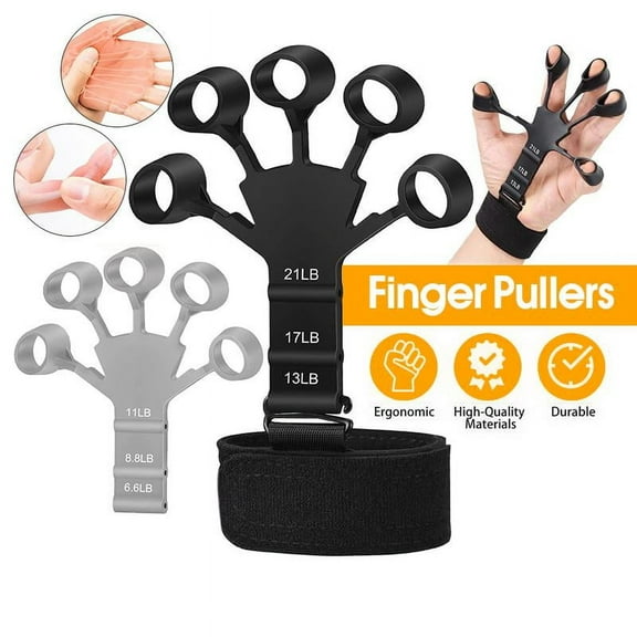 Finger trainer, wrist tension device, 6 wristbands, and 6 trainers (3 gray and 3 black)