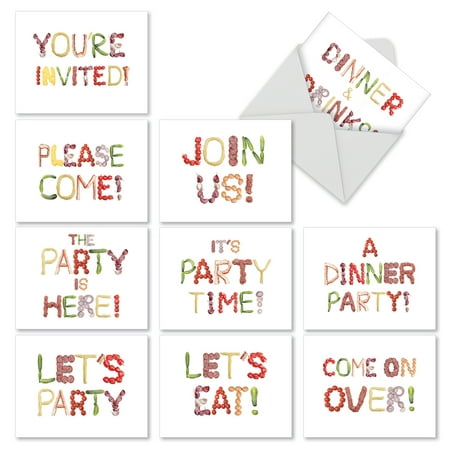 M2360ING COME EAT' 10 Assorted Invitation Note Cards Featuring Various Invitation Phrases Spelled Out in Food with Envelopes by The Best Card