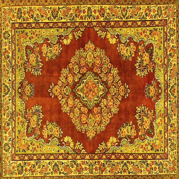 Ahgly Company Machine Washable Indoor Square Medallion Yellow Traditional Area Rugs, 6' Square