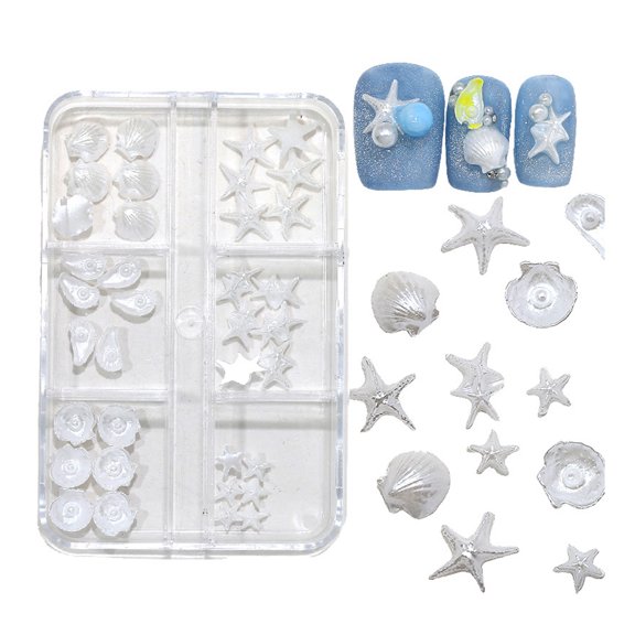 White Pearlized Starfishes Seashells Nails Art Decorations Nails Charm With Shimmering Resin Design For Manicures