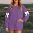 thumbnail image 7 of WTOBBY Women's Solid Color Bow Round Neck Long Sleeve Loose Pullover Sweater Sweatshirt, Decorative Bow Design, Soft and Comfortable for Fashionable Everyday Wear,Purple XL, 7 of 7
