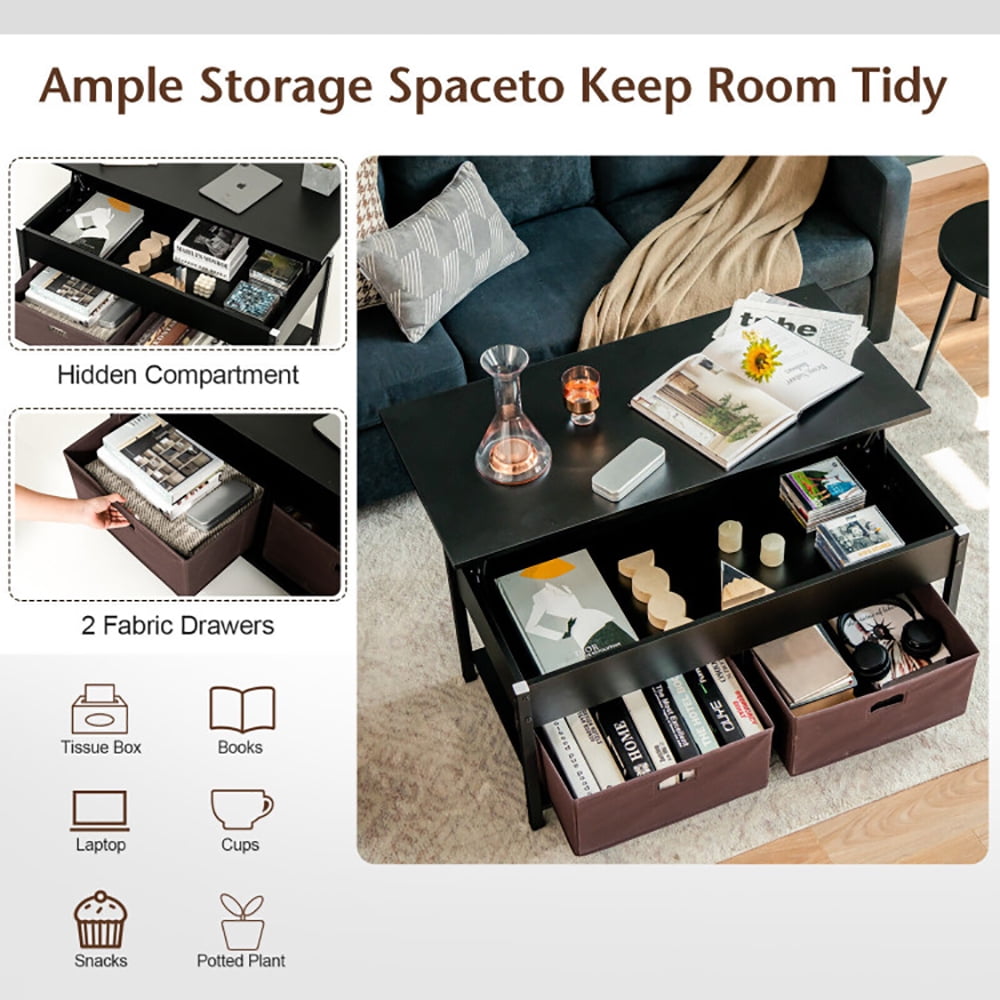 Finihen Rectangular Coffee Table, Lift Top Coffee Table, Central Table with Drawers and Hidden Compartment, for Living Room, Reception Room, Black