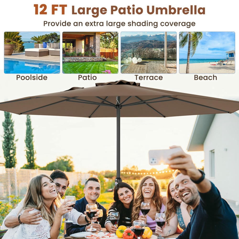 GVN Patio Umbrella, Outdoor Table Umbrella,12 Feet Patio Umbrella with Crank Handle and 8 Sturdy Ribs-Coffee