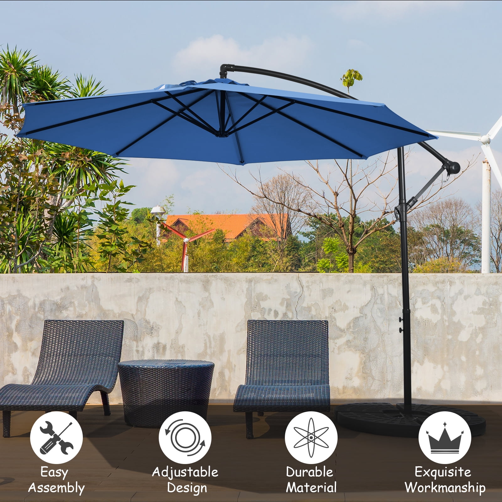 Patiojoy 10FT Patio Offset Umbrella 8 Ribs Cantilever Umbrella w/Crank for Poolside Yard Lawn Garden Navy