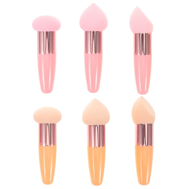 6 esponjas de maquillaje: esponjas para difuminar, base de maquillaje con mango, aplicador de cosméticos, accesorios para polvos y líquidos.