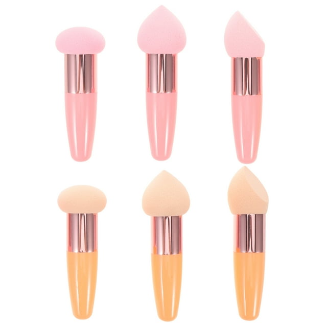 6 esponjas de maquillaje: esponjas para difuminar, base de maquillaje con mango, aplicador de cosméticos, accesorios para polvos y líquidos.