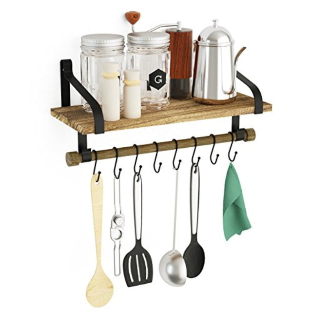Wall Shelf For Storage Rustic Wood Kitchen Spice Rack With Towel Bar Wall Hooks 