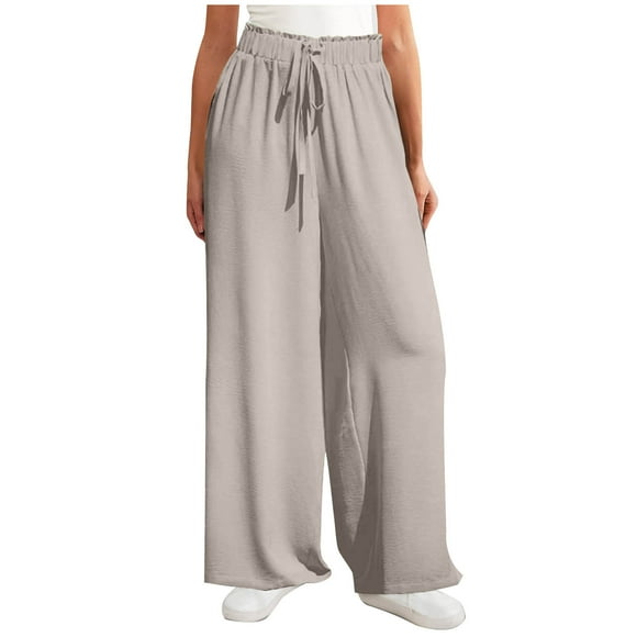 Beige Teen Girls Faux Gauze Linen Pants for Women Lounge Stretchy Ruched High Waisted Flare Wide Leg Paperbag Basic Long Bootcut Leg Summer Fall Pants 2025 Clothing M