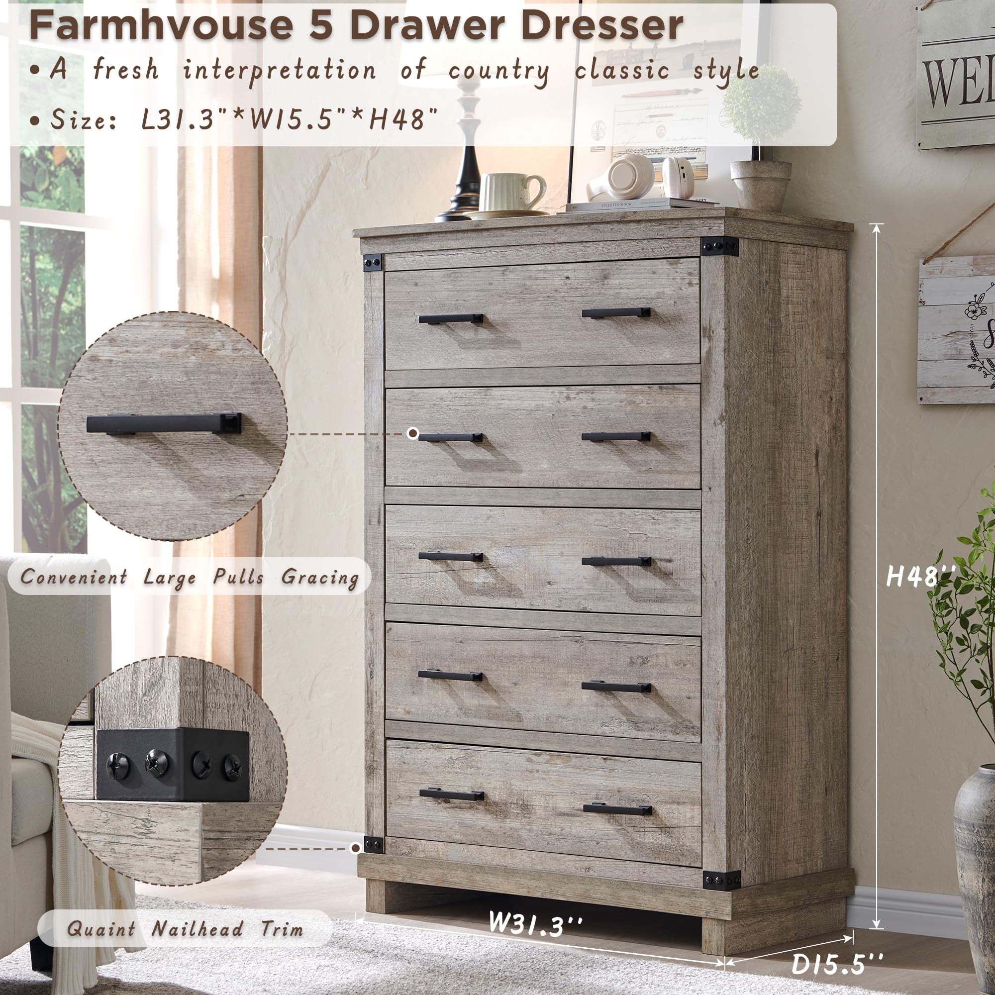 OKD Farmhouse 5 Drawers Dresser for Bedroom, Tall Chest of Drawers with Thick Plank Styling, Wood Rustic Closet Dresser for Bedroom, Living Room, Light Rustic Oak Color