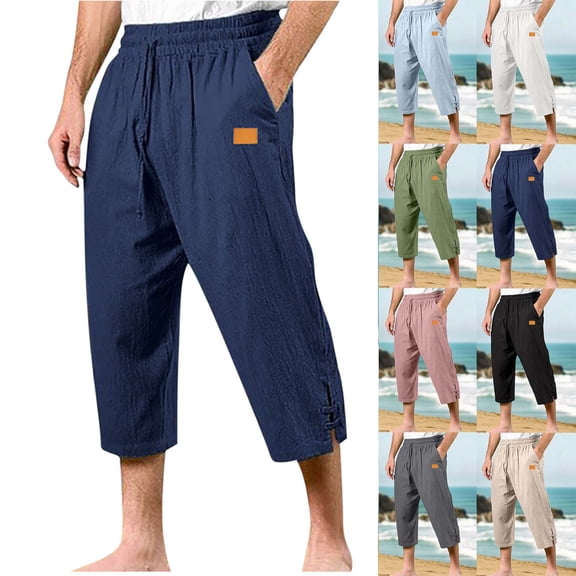 Men's Plus Size Capri Pants Elastic Waist Solid Color Drawstring Cotton Linen Pants with Pocket Outdoor Gym Workout