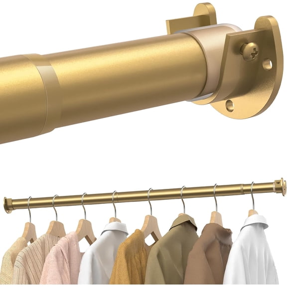 Closet Rods for Hanging Clothes, 17 to 28 Inches Stepless Adjustable Metal Closet Rod, 1.3 Inches Heavy Duty Clothes Hanging Rod for Closet Wardrobes Laundry RV, Golden