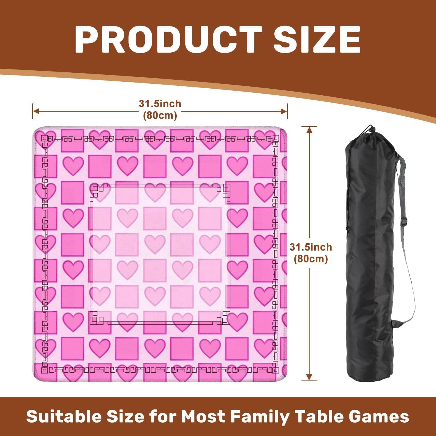Mahjong Mat 31.5" x 31.5" Seamless Pink Heart Square Light Non-Slip Noise Reduction Mahjong Tiles Table Cover for Dominoes Poker Card Board and Tile Games