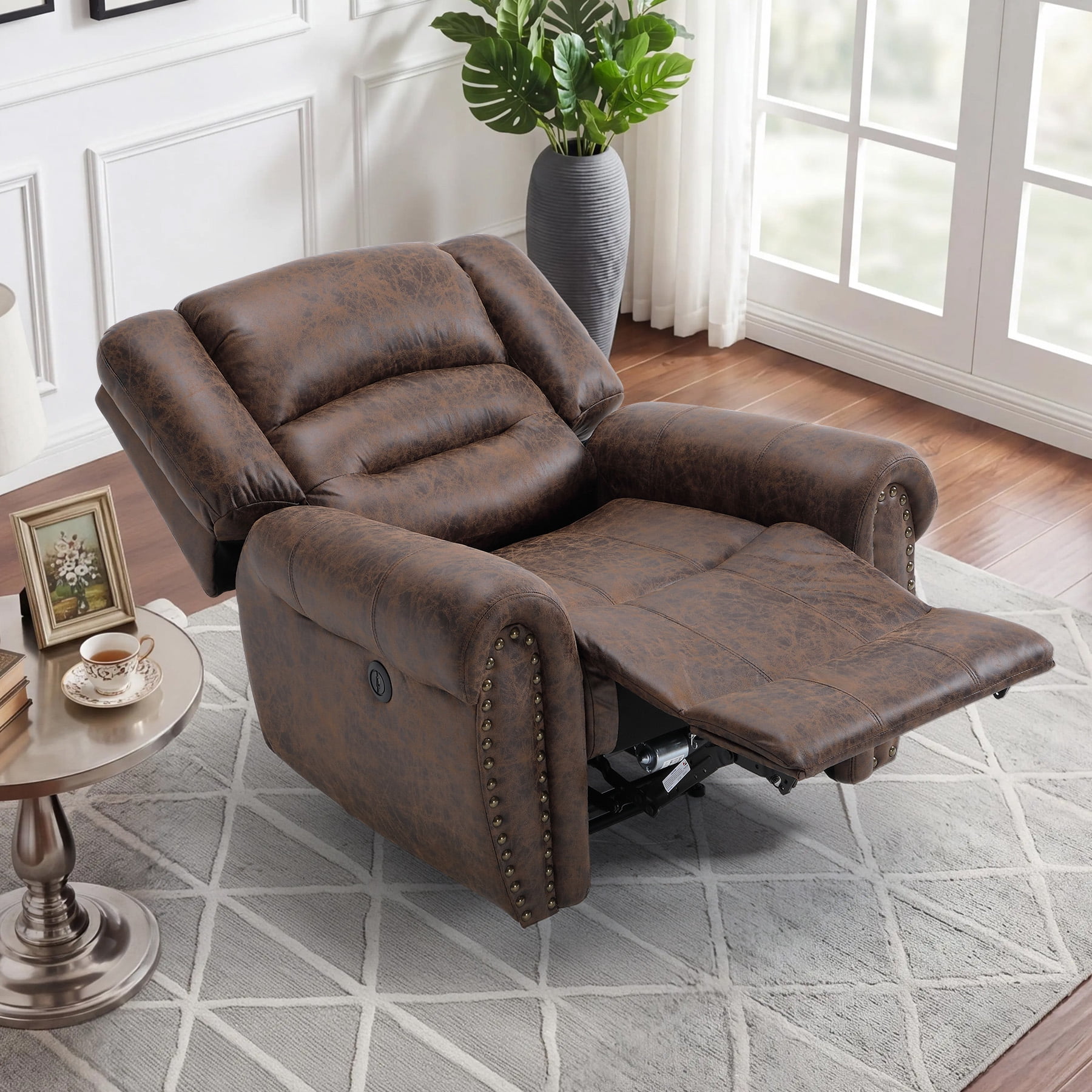 Bonzy Home Electric Power Recliner Chair, Modern Reclining Chair with Rivet Trim & USB Port, Classic Single Sofa Home Theater Recliner Seating, Brown