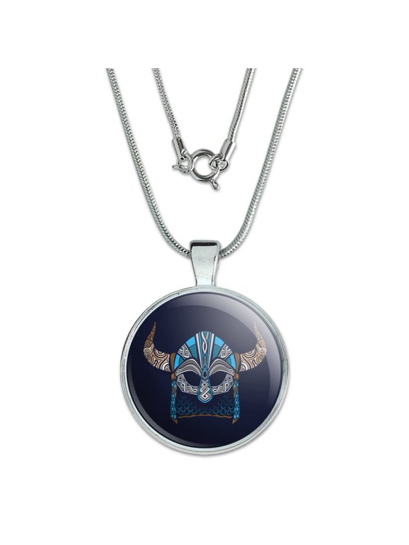 Nordic Viking Warrior Helmet with Horns 1" Pendant with Sterling Silver Plated Chain
