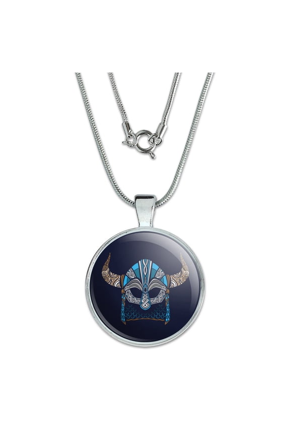 Nordic Viking Warrior Helmet with Horns 1" Pendant with Sterling Silver Plated Chain