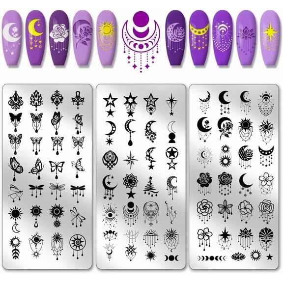 PH 3pcs Moon Star Nail Stamp Plate Butterfly Flower Nail Art Template Stainless Steel Image Plate Nails Art Stencils for Women DIY Printing 4.7x2.3 inch Colorful DIY