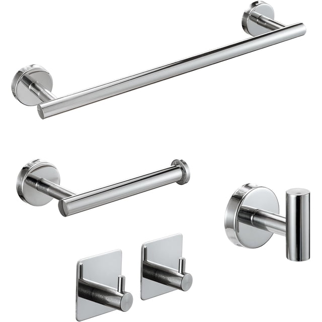 Juego de Accesorios para Baño 5 Piezas, Toallero de Acero Inoxidable 304, Portarrollos, Gancho para Albornoz, 2 Ganchos Autoadhesivos para Toallas, Acabado Cromado