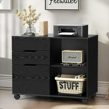 Lateral File Cabinet with 3 Drawers, Rolling Wooden Printer Stand Under Desk Storage Organizer with 4 Wheels Adjustable Shelf for Office Home, Black