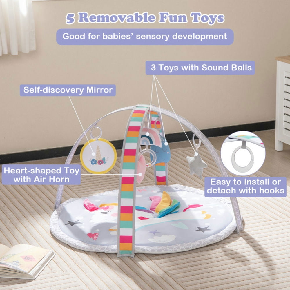 Yardi Yard Baby Play Gym Mat 7-in-1 Tummy Time Activity Mat with 5 Detachable Toys-Multicolor, Baby Play Mat for Toddler Infant 0-3-6-9-12 Months