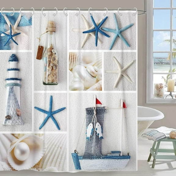 GOOESING Beach Shower Curtain Marine Sail Boat Starfish Shell Sea Life Nautical Coastal Waterproof with 12 Hooks 72" Wx72 L
